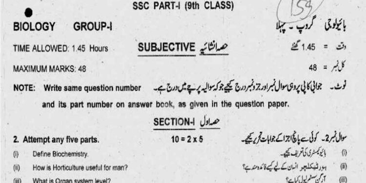 9th Class Biology guess papers, past papers 2024 Punjab boards